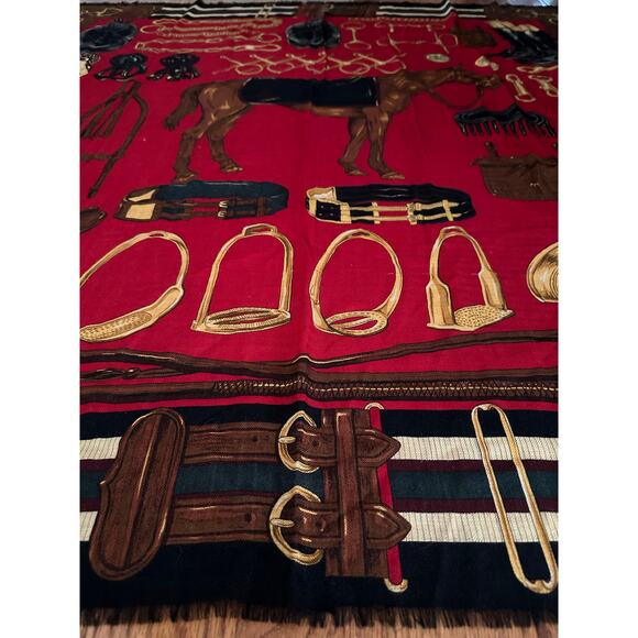 Ralph Lauren equestrian wool Silk horse Scarf Black Red 50x50” large READ - Picture 8 of 16